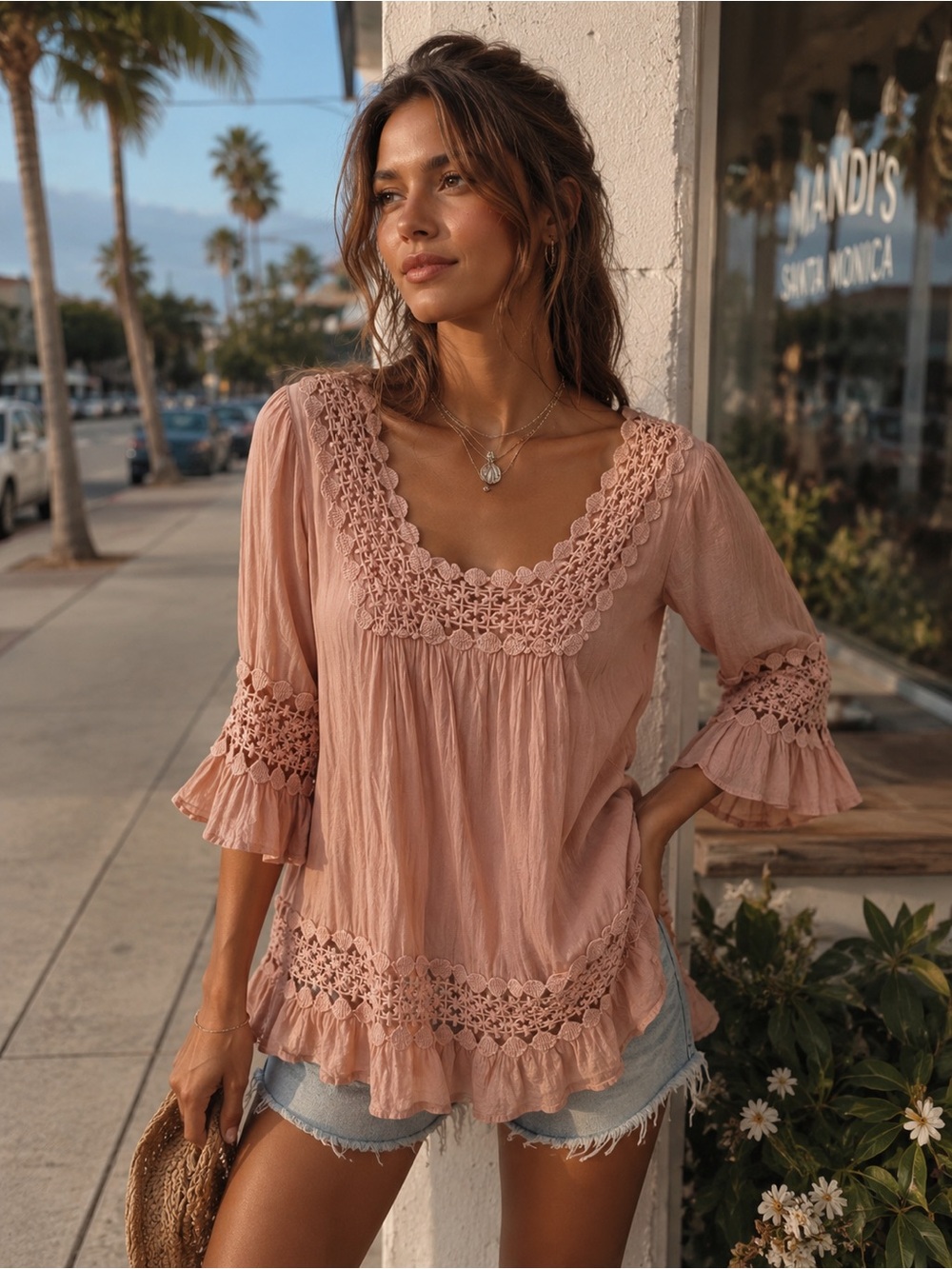 Anthropologie Style Bohemian Tunic Top Lace Crochet Neutral Cotton | Medium